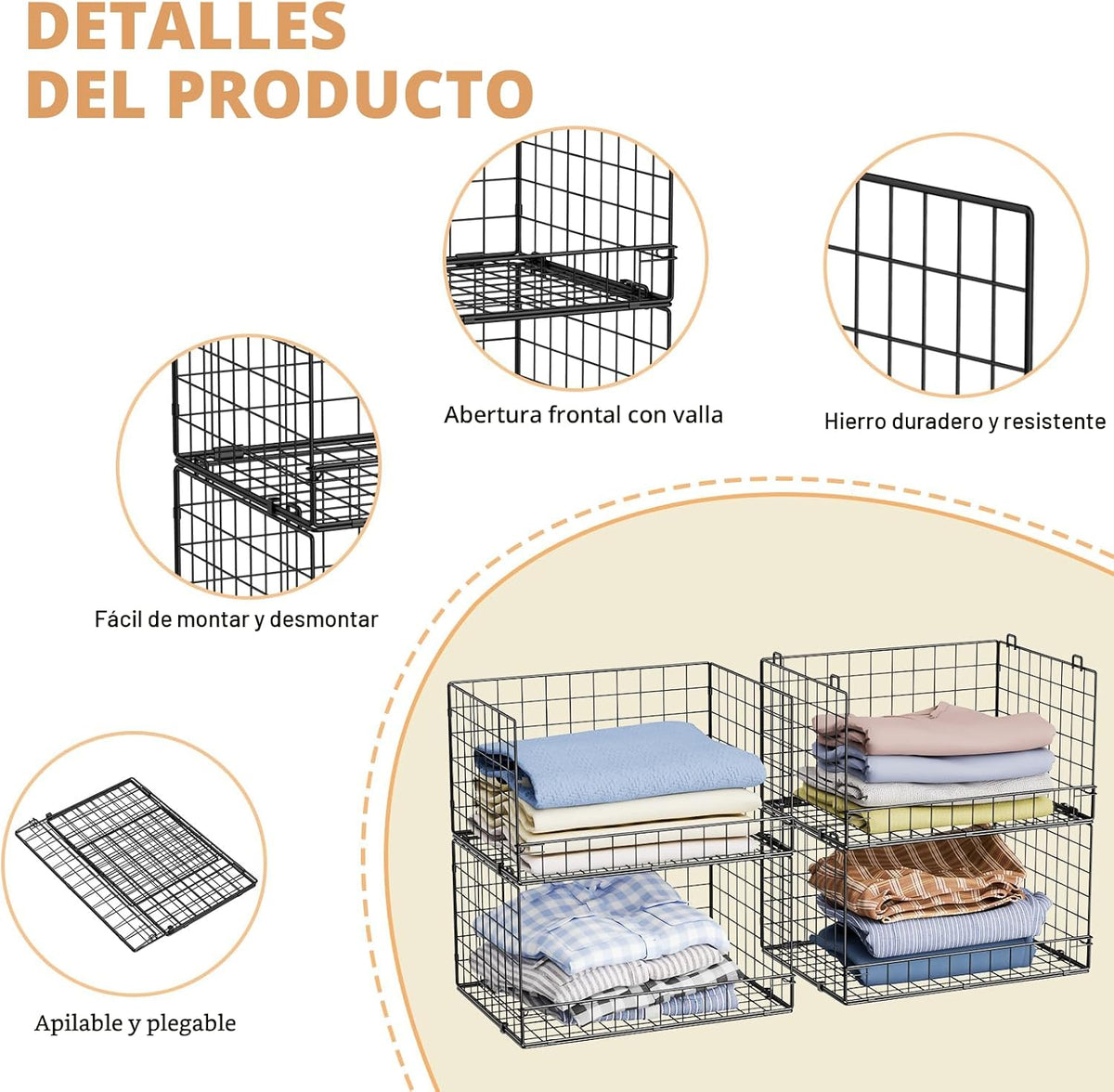 Organizadores de armario apilables de 4 niveles y estantes de almacenamiento, organizador de estantes plegables de armario, negro (protección de patentes) (patente n.º 30022416)