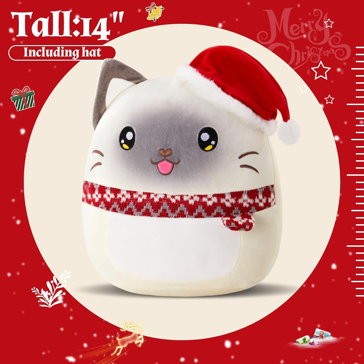 Athionsu - Almohada de felpa de gato de Navidad de 14 pulgadas con sombrero de Papá Noel, animal de peluche suave y tierno para decoración de Navidad y regalos, adorable almohada blanda para niños