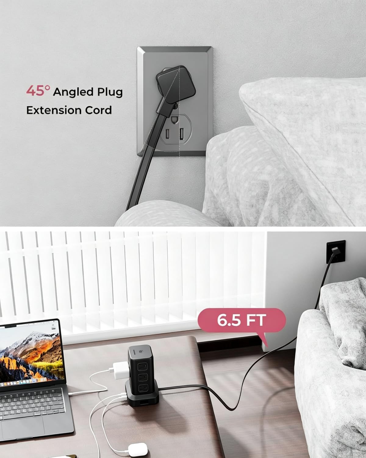 Regleta de alimentación de 6.5 pies, torre de regleta de alimentación con 4 puertos USB (2USB C), cable de extensión con 12 tomas de corriente alterna múltiples, suministros de oficina en casa