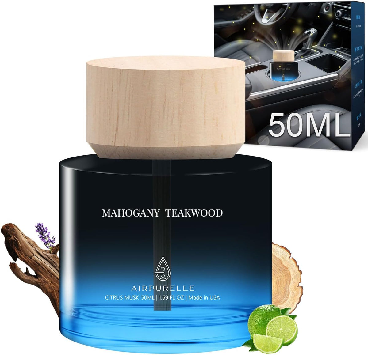 Ambientador de aire para automóvil de 1.7 fl oz (1.7 onzas líquidas), perfume – difusor de aire de aceite de fragancia de madera de teca de caoba para automóvil, fragancia de larga duración de más de 180 días, ambientadores de automóvil con diseño de taza