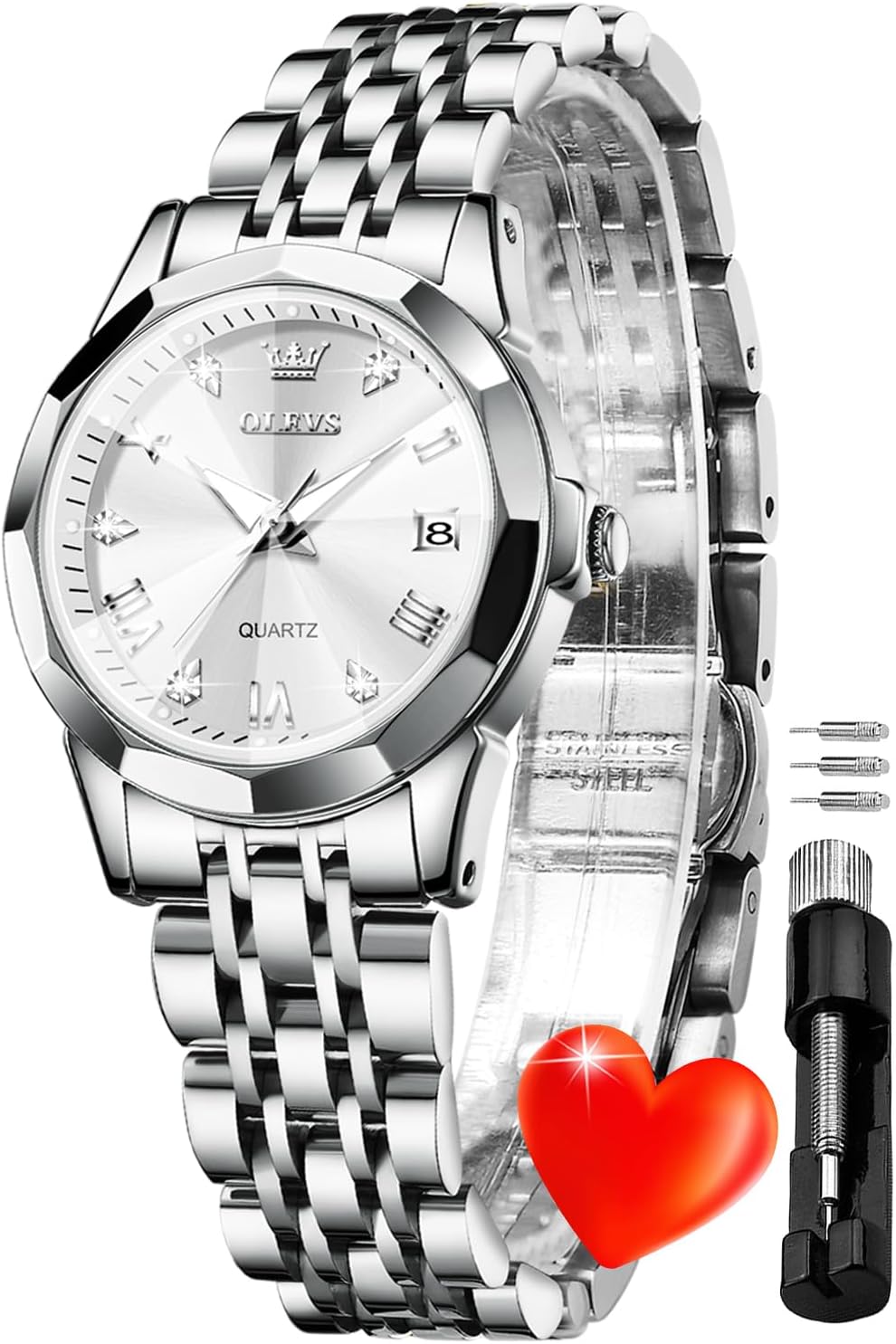 OLEVS Reloj Analógico de Cuarzo para Mujer, Acero Inoxidable Plateado de Dos Tonos, Moda, Resistente al Agua, Luminoso, con Fecha y Día, Relojes de Pulsera para Damas