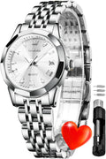 OLEVS Reloj Analógico de Cuarzo para Mujer, Acero Inoxidable Plateado de Dos Tonos, Moda, Resistente al Agua, Luminoso, con Fecha y Día, Relojes de Pulsera para Damas