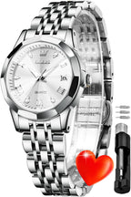 OLEVS Reloj Analógico de Cuarzo para Mujer, Acero Inoxidable Plateado de Dos Tonos, Moda, Resistente al Agua, Luminoso, con Fecha y Día, Relojes de Pulsera para Damas