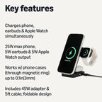 Amazon Basics MagSafe - Estación de carga inalámbrica 3 en 1 de carga rápida de 25 W, con certificación Qi2.2, soporte plegable para iPhone 17/16/15/14/13/12, Apple Watch, AirPods, con adaptador de 45