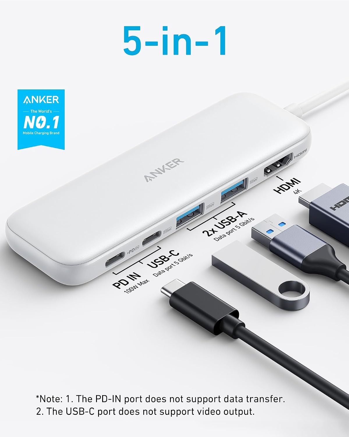Anker Hub USB C, divisor USBC a HDMI 5 en 1 con pantalla 4K, 1 puer...