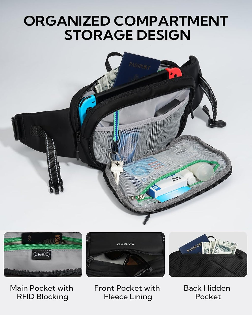 WATERFLY Riñonera Riñonera: 3L RFID grande antirrobo para viajes