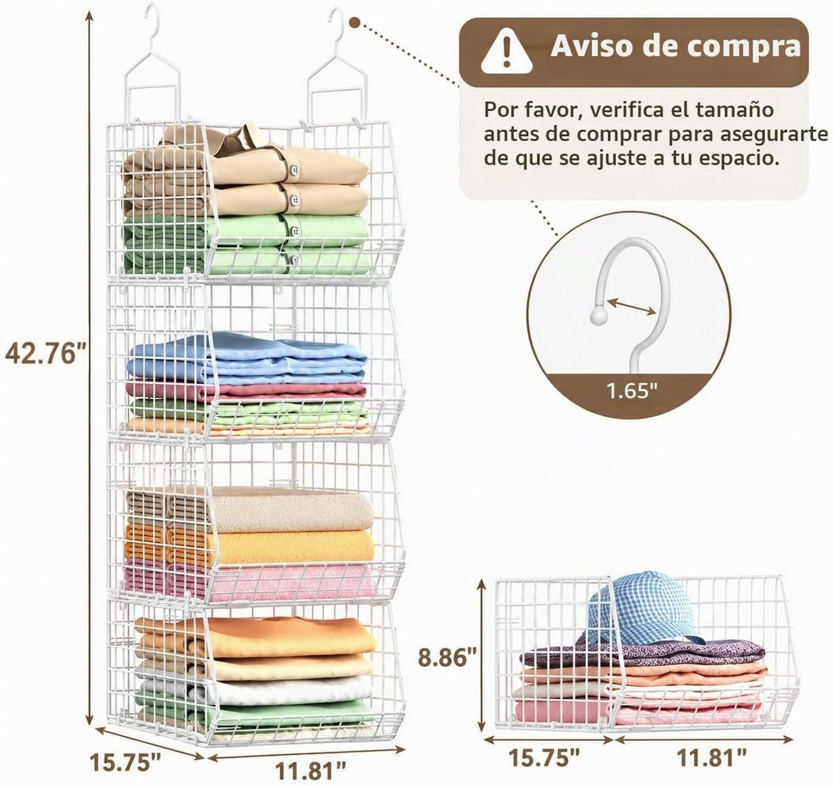 Organizador de armario colgante plegable extra profundo de 4", estantes pequeños de alambre para gabinete y almacenamiento con 5 ganchos en S, cestas de metal de 4 niveles para ropa, suéteres, bolsos
