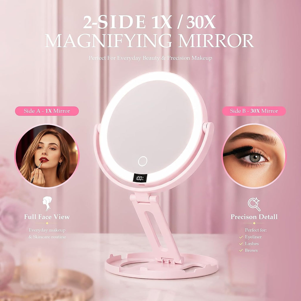 Espejo de maquillaje de viaje con luces, espejo de aumento de doble cara 1X