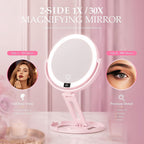 Espejo de maquillaje de viaje con luces, espejo de aumento de doble cara 1X