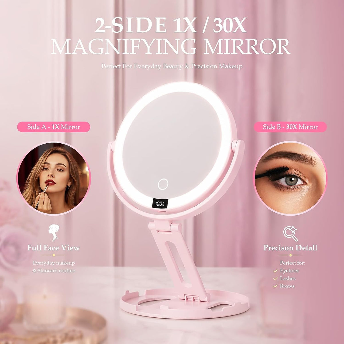 Espejo de maquillaje de viaje con luces, espejo de aumento de doble cara 1X