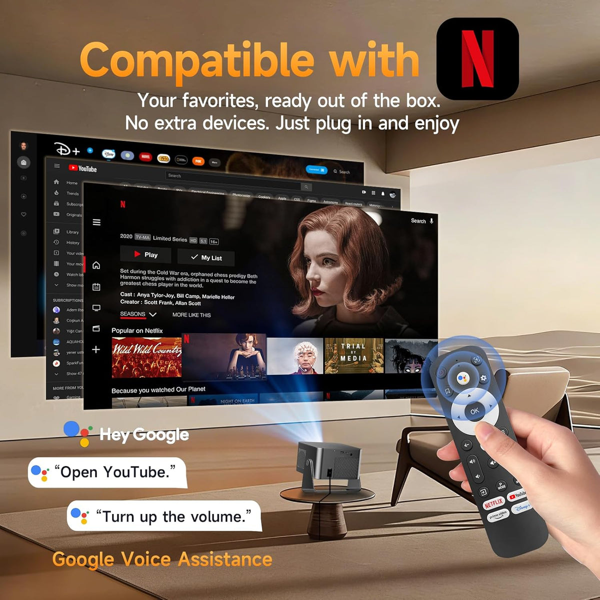 Proyector inteligente con Google TV, soporte 4K mini proyector port...