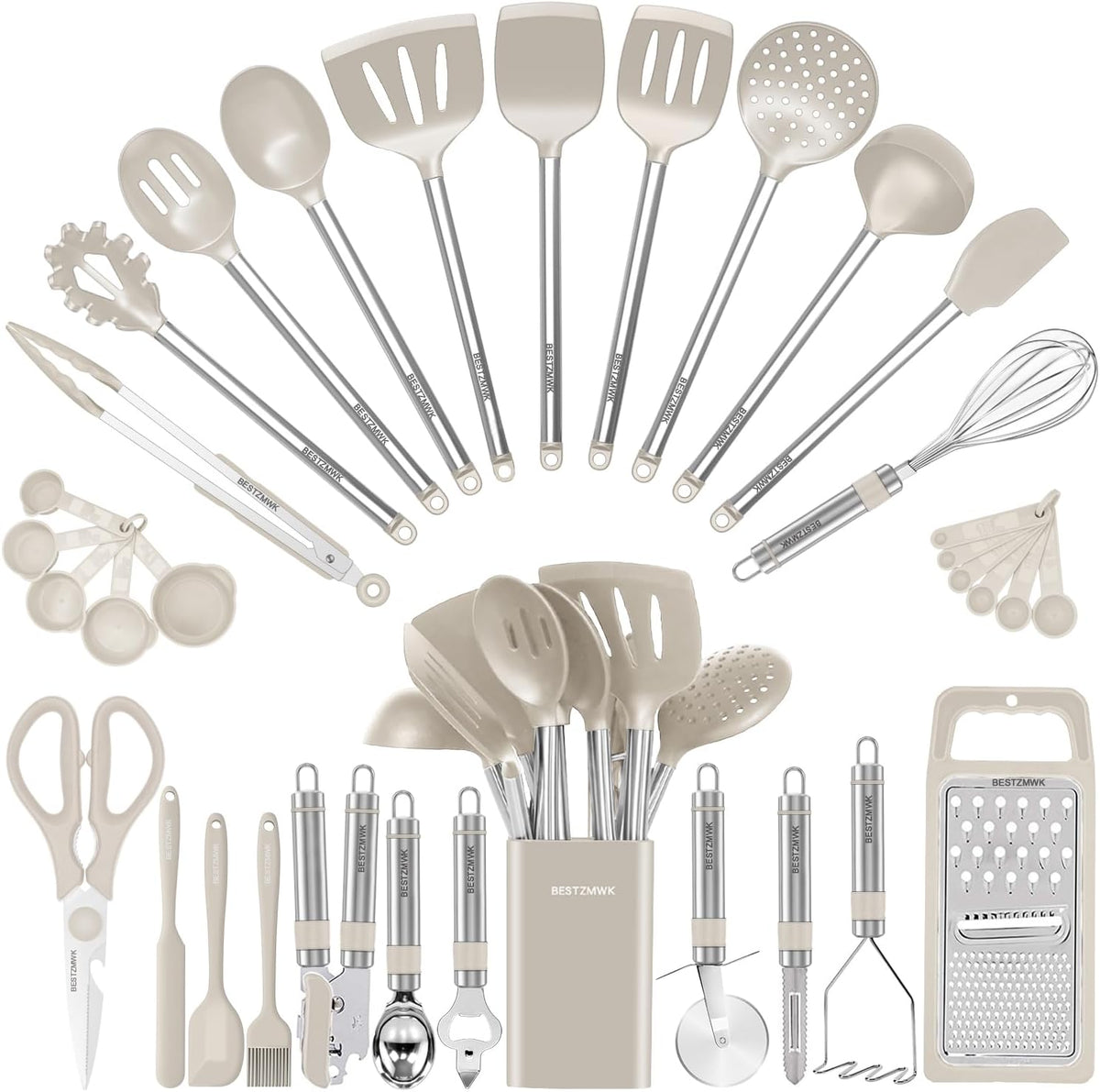 Juego de utensilios de cocina de silicona, 33 utensilios y cucharas antiadherentes, juego de espátulas de silicona y acero inoxidable, las mejores herramientas de cocina y ollas útiles, color caqui