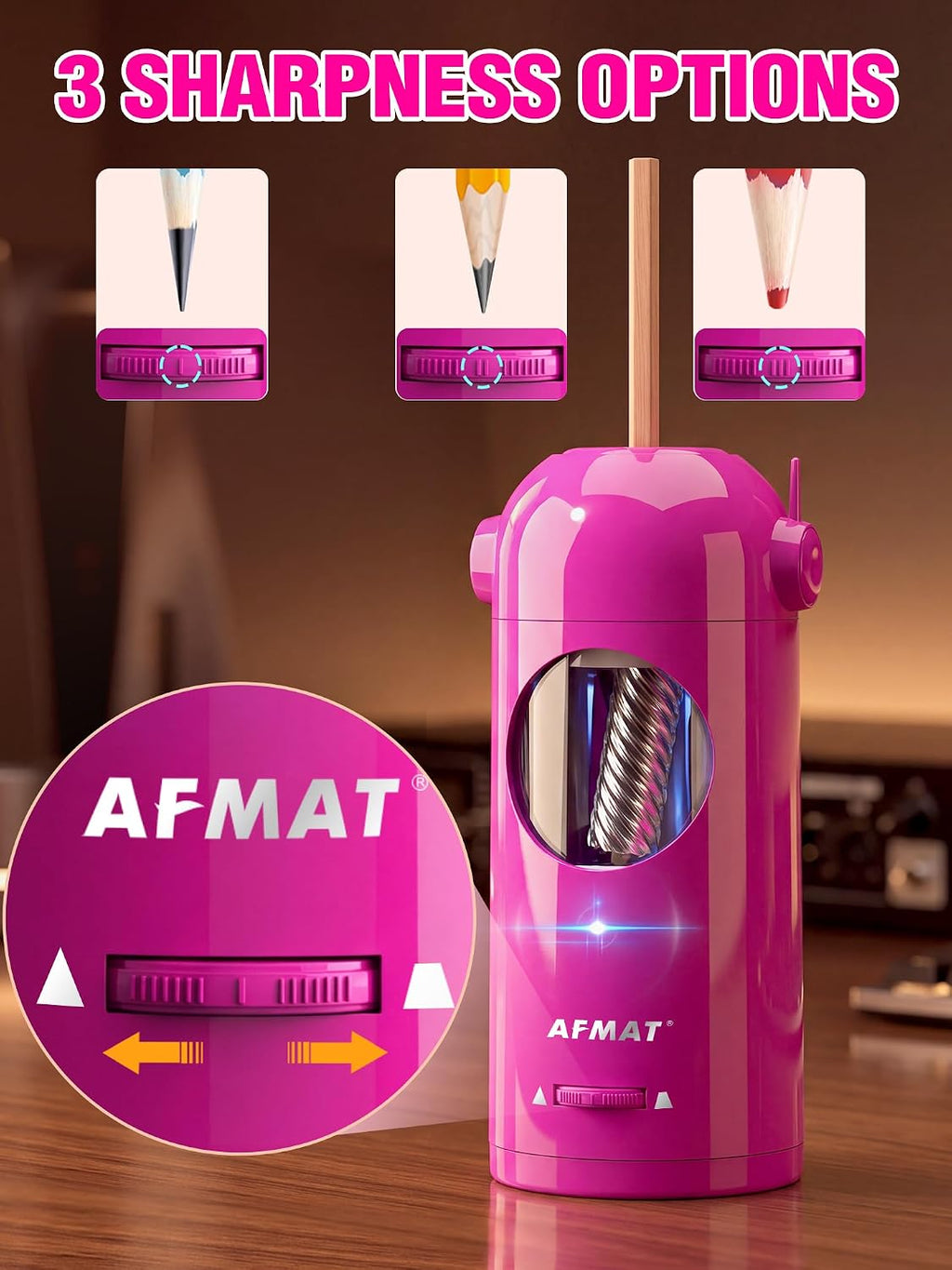 AFMAT Sacapuntas eléctrico PSX5 para aula, sacapuntas automático para niños y lápices de colores, jumbo de 0.276-0.5 in, 3 ajustes de nitidez, sacapuntas robot inalámbrico recargable para profesores