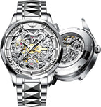 Relojes automáticos de esqueleto para hombre, reloj de pulsera de lujo mecánico de cuerda automática de cristal de zafiro, reloj de acero de tungsteno, 164 ft, impermeable, luminoso, sin batería, AA- Silver White