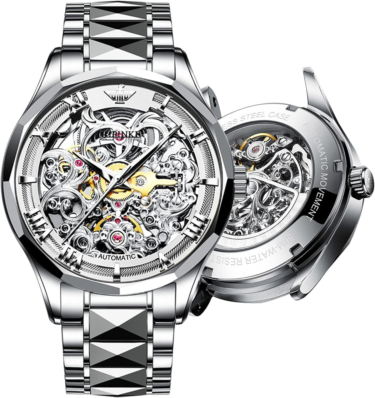 Relojes automáticos de esqueleto para hombre, reloj de pulsera de lujo mecánico de cuerda automática de cristal de zafiro, reloj de acero de tungsteno, 164 ft, impermeable, luminoso, sin batería, AA- Silver White