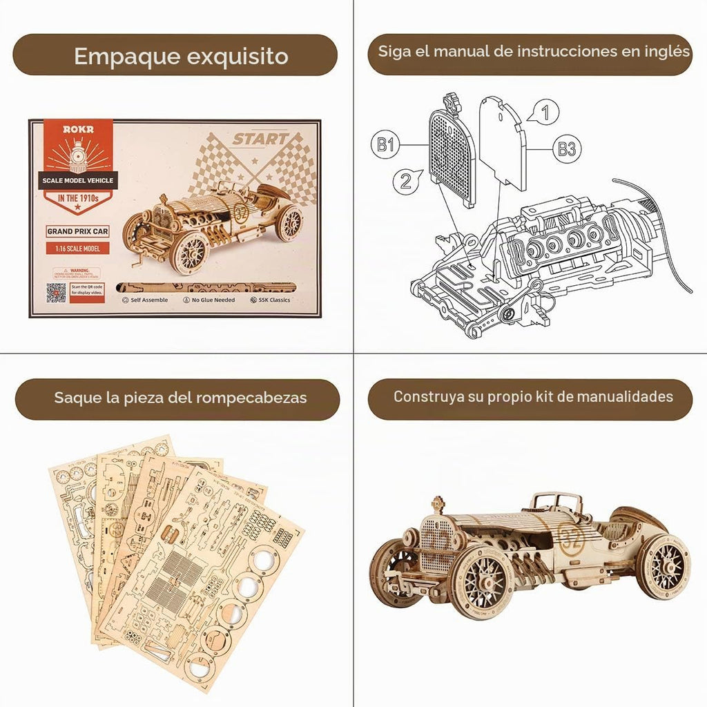 ROKR Rompecabezas de madera 3D para adultos, kit de modelo de coche mecánico, rompecabezas de acertijos, kit de construcción de vehículo, regalo único para adultos en cumpleaños/Navidad (escala 1:16) (MC401-Grand Prix Car)