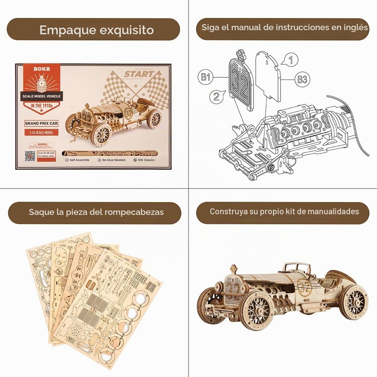 ROKR Rompecabezas de madera 3D para adultos, kit de modelo de coche mecánico, rompecabezas de acertijos, kit de construcción de vehículo, regalo único para adultos en cumpleaños/Navidad (escala 1:16) (MC401-Grand Prix Car)