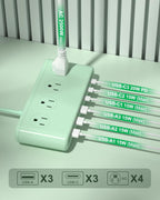Regleta de alimentación con USB C de 35 W, cargador de pared de enchufe plano 10 en 1, cable de extensión de 5 pies con 4 CA, 3 USB A y 3 USB C, estación de carga PD20W para múltiples dispositivos