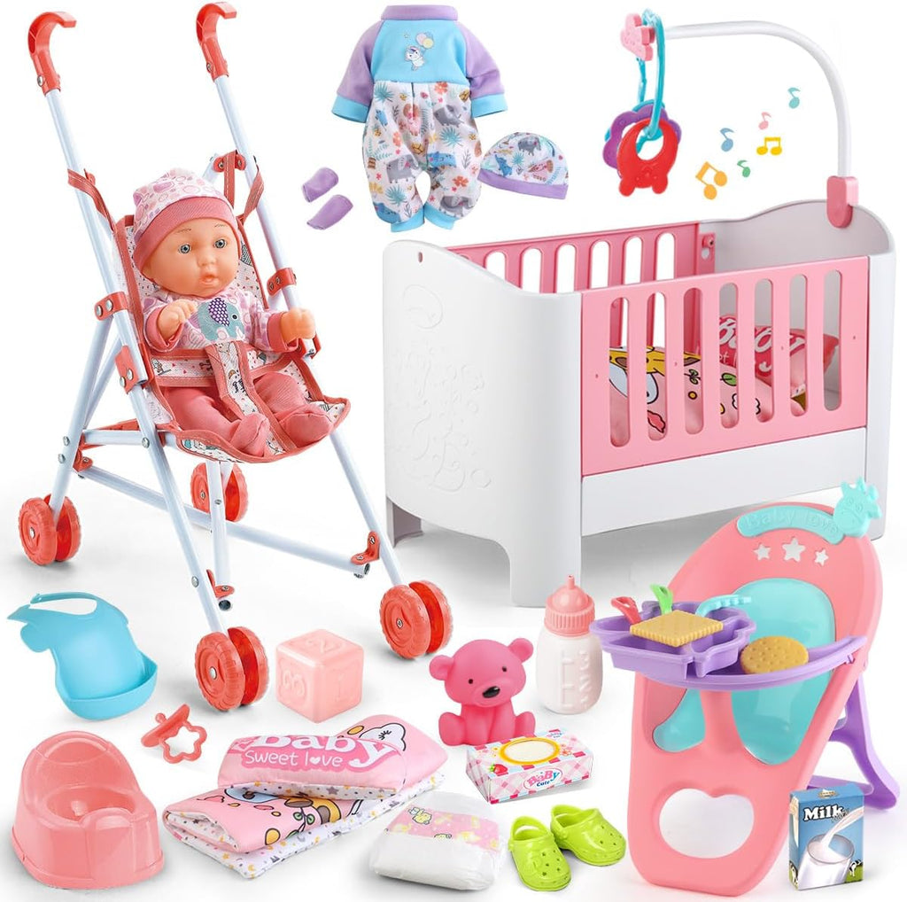 Juego de accesorios para cuna y cochecito de bebé con muñeca de bebé de 11 pulgadas