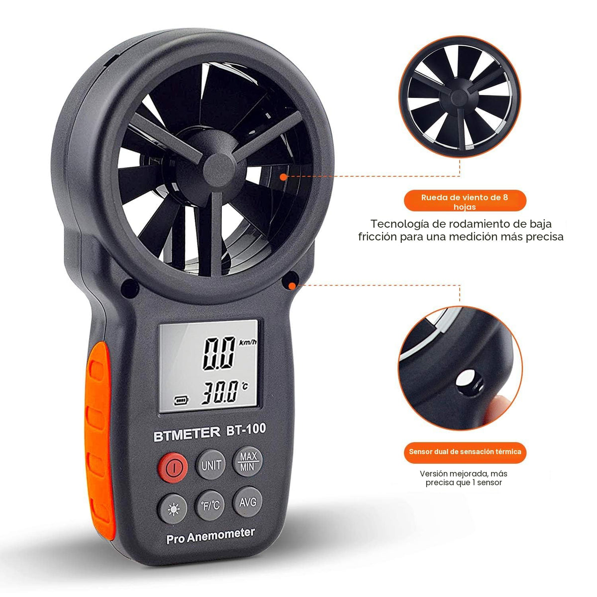 BT-100 Anemómetro de mano, medidor digital de velocidad del viento CFM probador medidor de velocidad de flujo de aire para dron de filmación HVAC, sensación térmica, temperatura del viento de