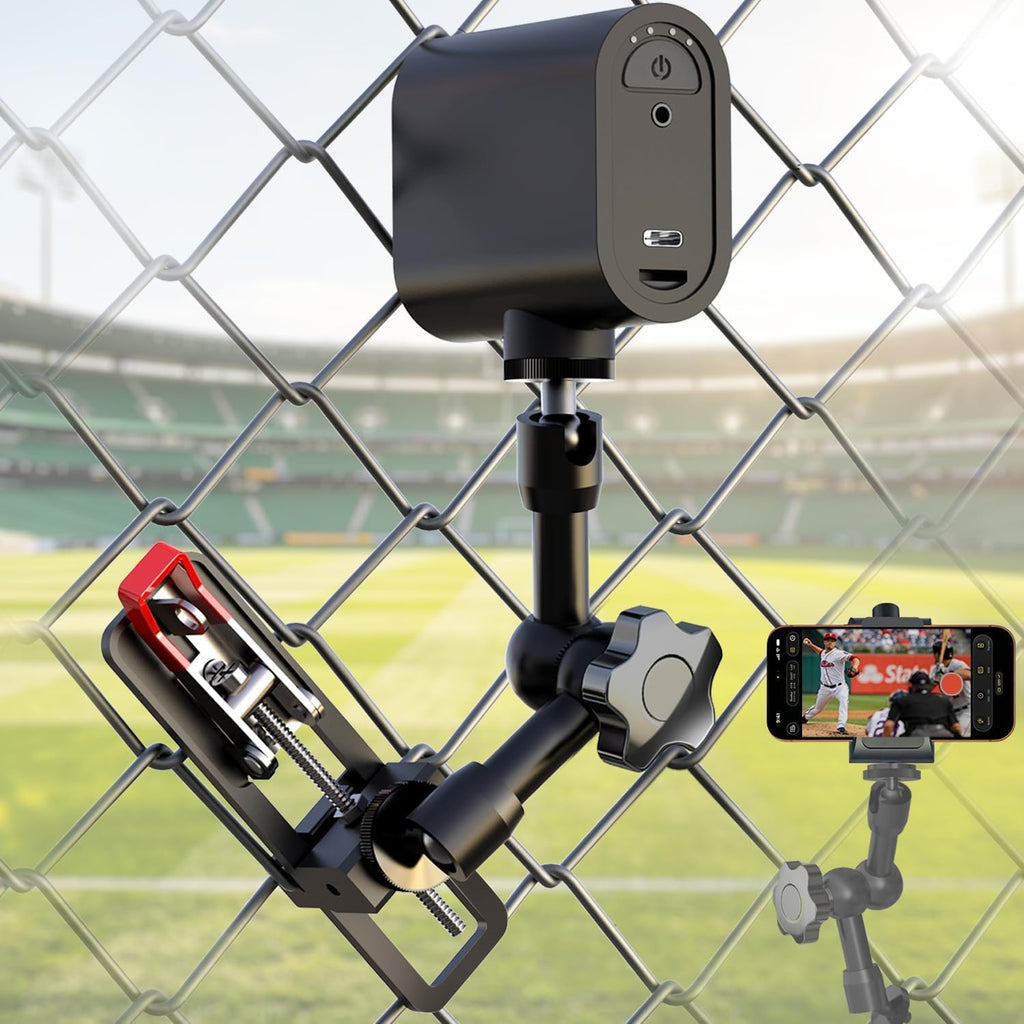 Soporte de valla para Mevo Start y iPhone, soporte de clip de valla ajustable con tres puntos de montaje de cámara de 1/4 pulgadas, kit de montaje de cambio de juego de configuración rápida