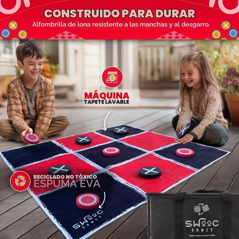 Swooc Games® - Juego Vintage Gigante de Damas y Tres en Raya 2 en 1 con Tapete (3 pies x 3 pies) - Lona 100% Lavable a Máquina - Juegos Gigantes al Aire Libre para Niños - Juego de Patio para Niños