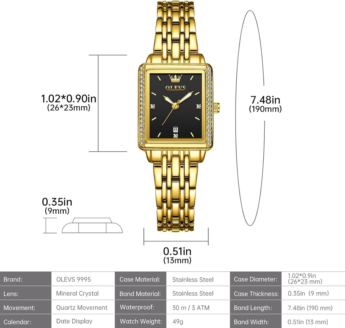 OLEVS Reloj de mujer de oro de acero inoxidable, reloj de cara cuadrada pequeña con decoración de diamantes, reloj de vestir de cuarzo analógico de lujo para mujer, reloj de pulsera impermeable con