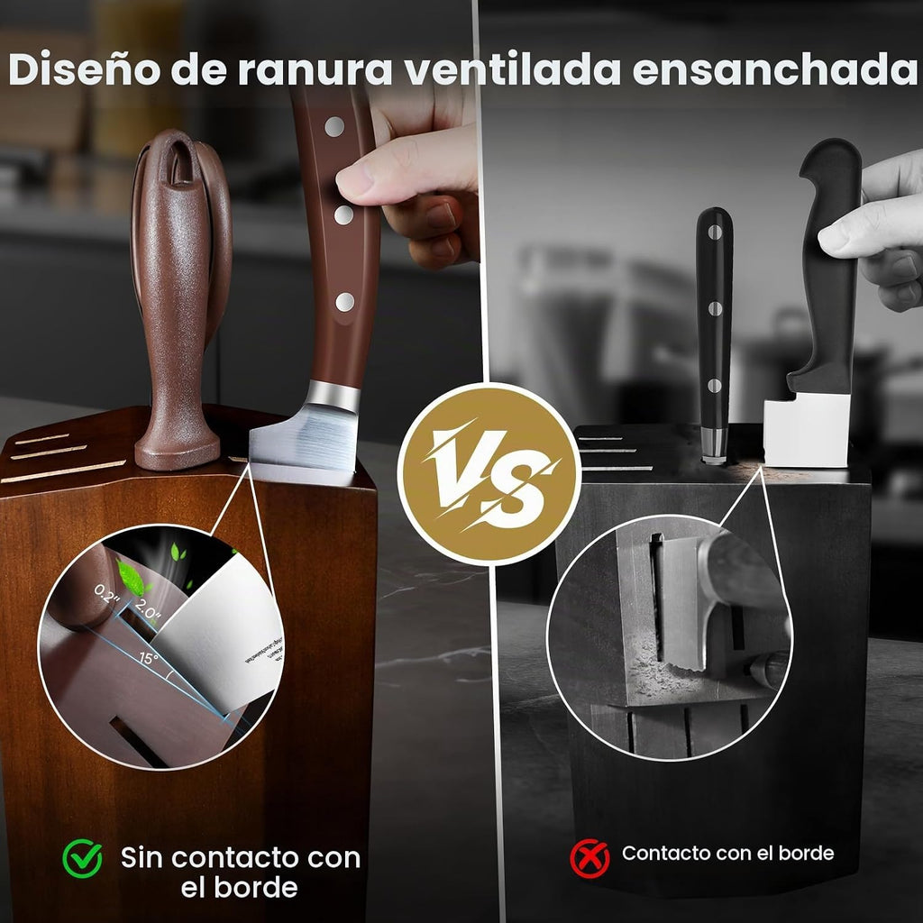 Juego de 15 cuchillos de cocina con bloque de madera de caucho, Nueva mejora