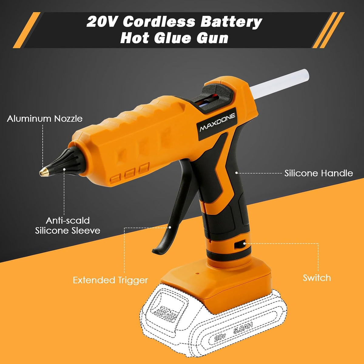 Pistola de pegamento caliente inalámbrica de 100 W para batería DeWalt de 20 V MAX (solo herramienta), pistola de pegamento inalámbrica de tamaño completo con 12 barras de pegamento (0.43 pulgadas) (11mm) para arte, manualidades, manualidades, reparación