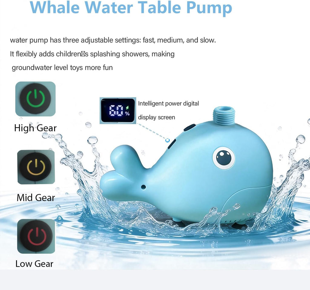 Bomba de mesa de agua recargable, bomba de juego de agua para niños, 3 modos de pulverización, compatible con la mayoría de mesas de actividades al aire libre para niños pequeños en el mercado, diseño