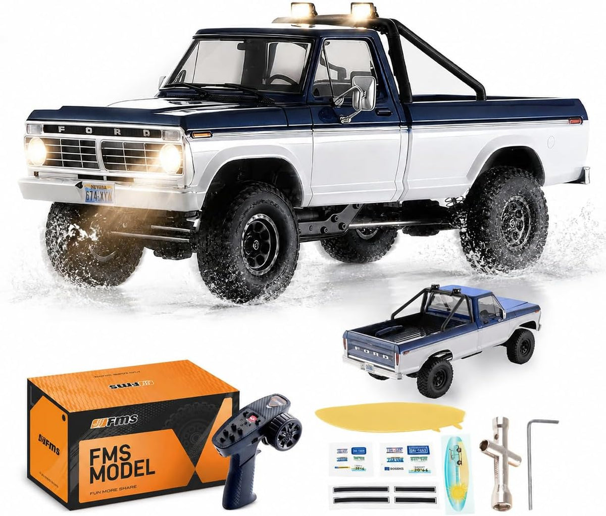 BEEZRC FMS FCX18 II Ford F-100 - Rastreador RC con licencia oficial, camión magnético de liberación rápida a control remoto, chasis LCG, oruga todoterreno para adultos, RTR cepillado (distancia entre
