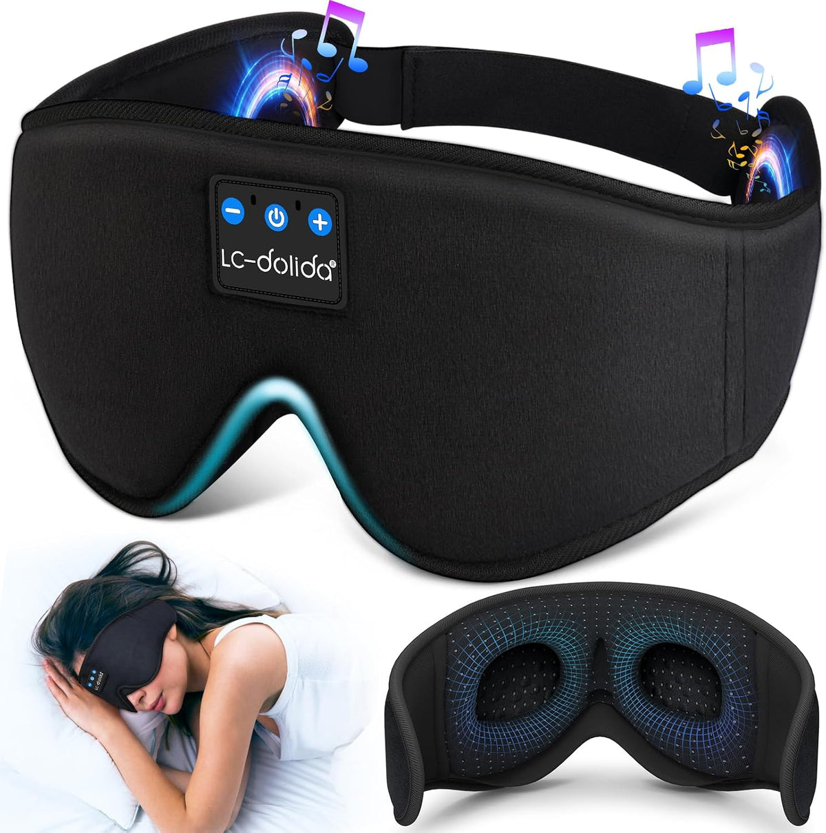 LC-dolida - Auriculares para dormir, Máscara de ojos 3D con Bluetooth, música inalámbrica, máscara para dormir con auriculares Bluetooth, altavoces estéreo ultrafinos perfectos para dormir; ideal para