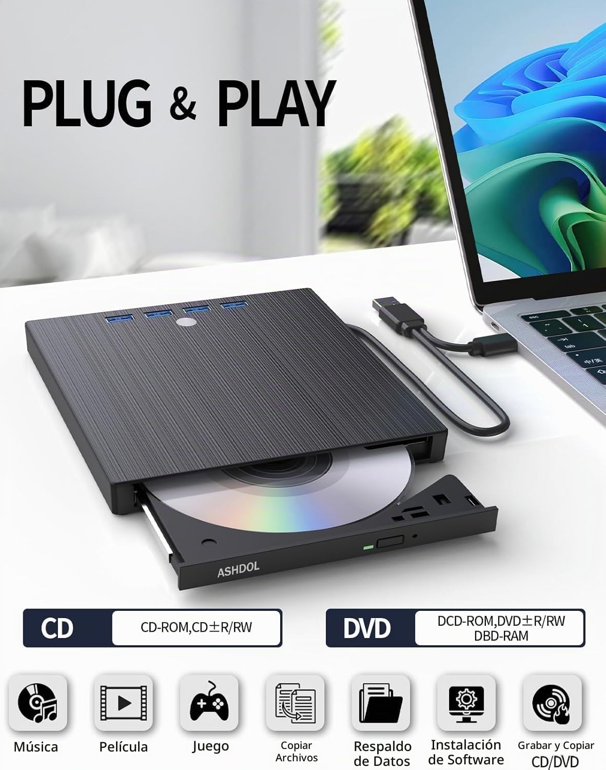 ASHDOL Unidad externa de CD DVD 9 en 1, lector de discos USB 3.0 y...