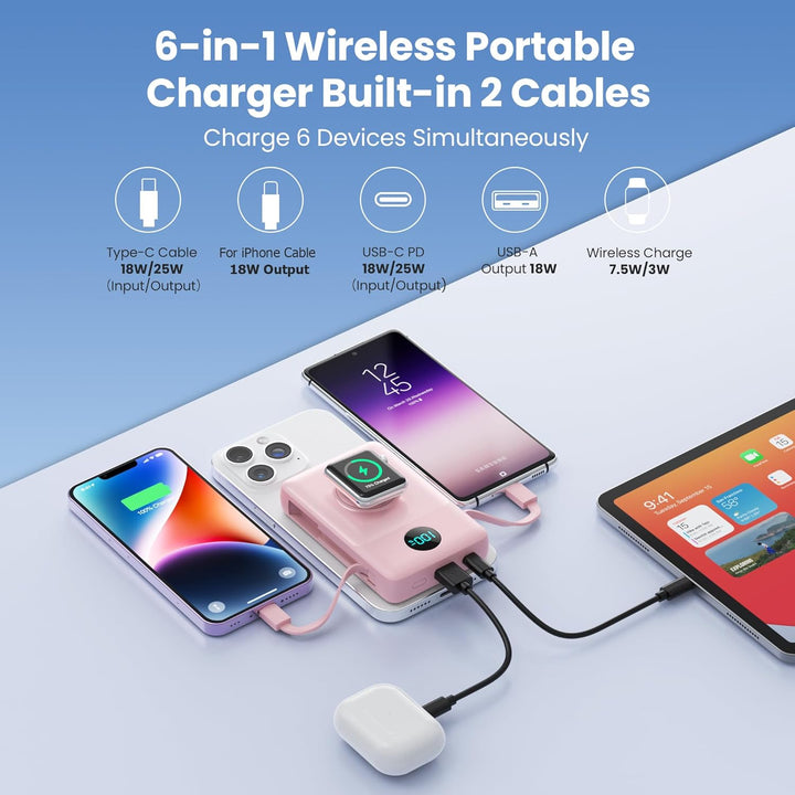Cargador portátil magnético 6 en 1 para iPhone con cables integrado...
