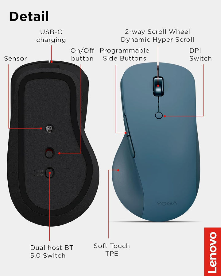 Lenovo Mouse Yoga Pro, Bluetooth, recargable USB-C, Bluetooth de mo...
