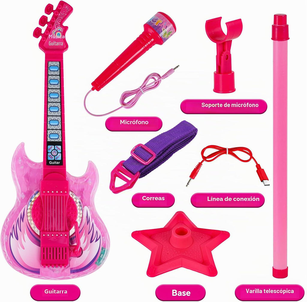 Juego de guitarra y micrófono para niñas, máquina de karaoke con música y luz, juguetes de micrófono con soporte, juguetes de guitarra de altura ajustable para niños, niños pequeños (rojo)