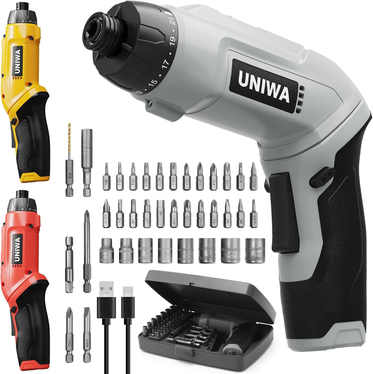 UNIWA - Destornillador eléctrico inalámbrico recargable, taladro eléctrico de 650 RPM, color gris