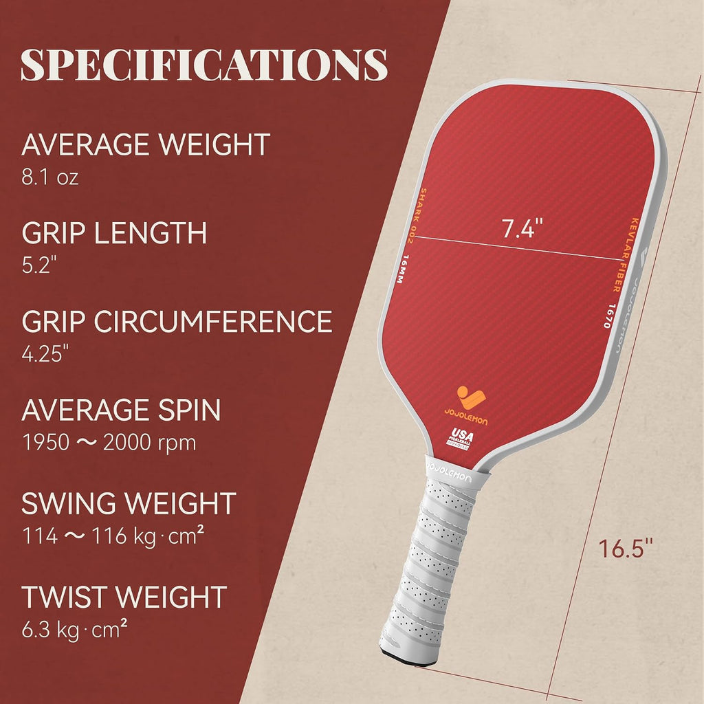 JOJOLEMON Paletas de pickleball, pala de fibra de carbono con un núcleo de polímero Shark Power de 0.63 pulgadas, las raquetas de pickleball diseñadas para un giro y consistencia definitivos