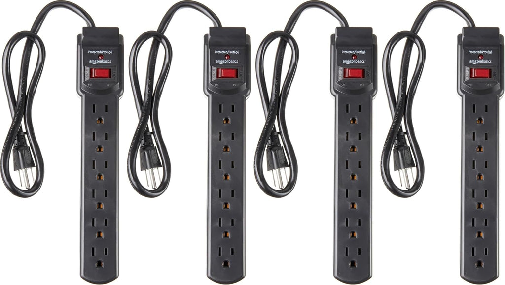 Amazon Basics 6-enchufe Protector contra Sobretensiones con 200J, Interruptor Automático, Cable de Extensión de 2 pies, Negro, 4-Pack