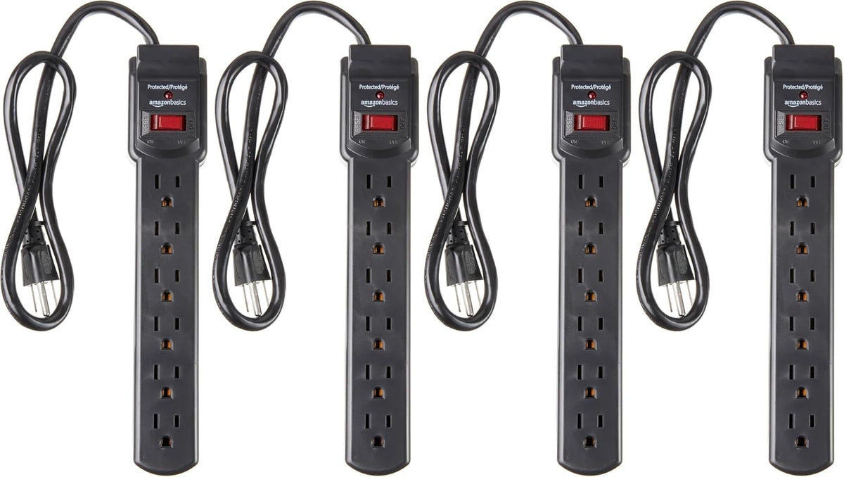 Amazon Basics 6-enchufe Protector contra Sobretensiones con 200J, Interruptor Automático, Cable de Extensión de 2 pies, Negro, 4-Pack