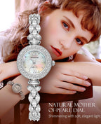 ROCOSJEWE S2020 Reloj de pulsera de lujo con diamantes para mujer, reloj de vestir plateado para mujer, reloj de pulsera de esfera natural con esfera de madreperla pequeña, movimiento de cuarzo, joyería de moda