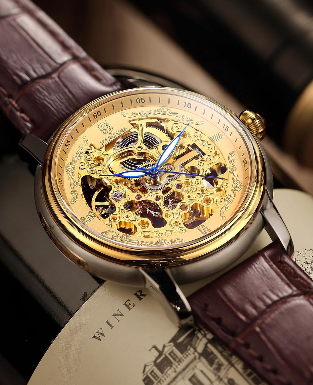 ROCOSJEWE Reloj mecánico automático para hombre, reloj de lujo retro esqueletizado dorado correa marrón con cierre de mariposa luminoso y resistente al agua regalo