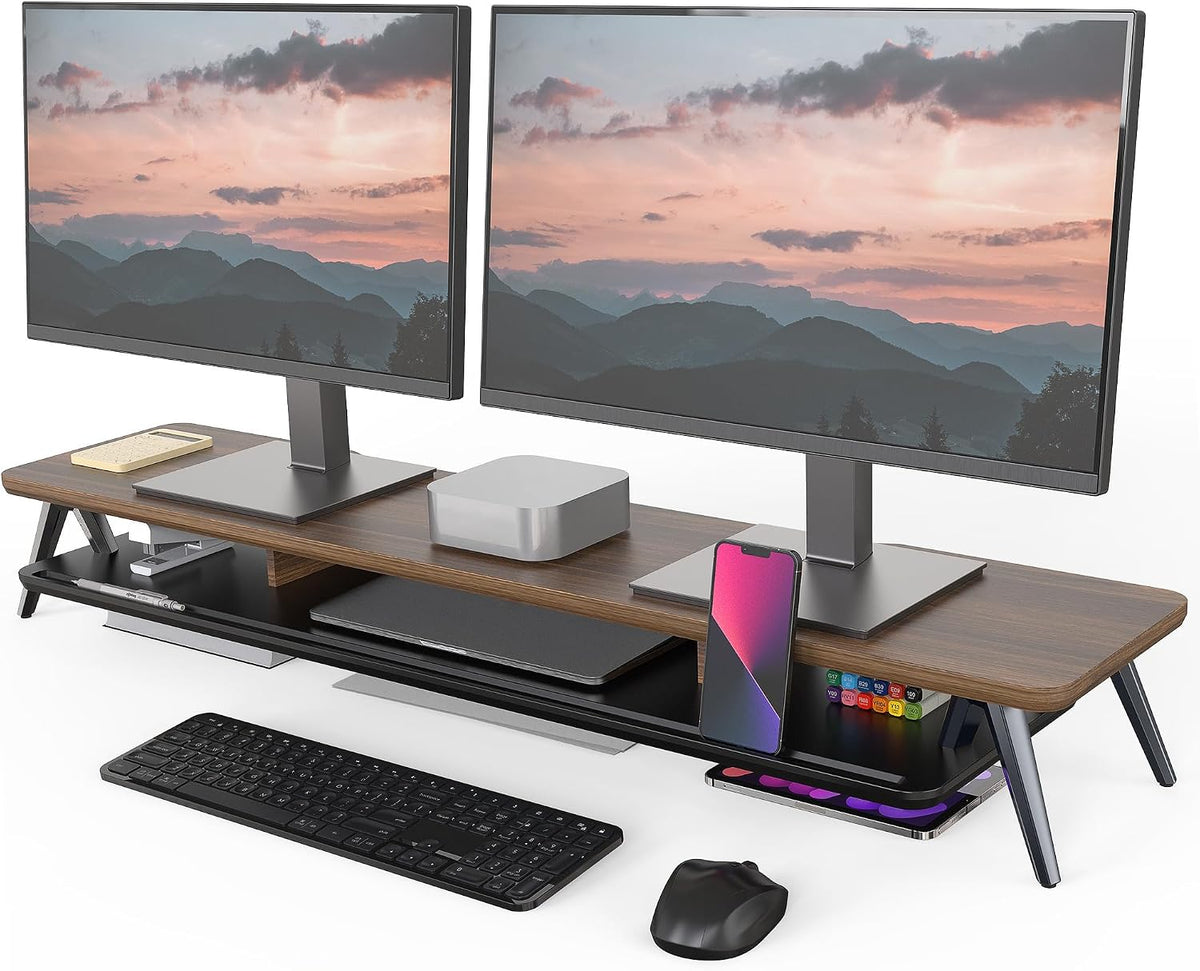 Fenge Soporte para monitor doble, soporte elevador para 2 monitores, estante de escritorio de madera de 42.5 pulgadas con organizador de almacenamiento y gestión de cables para accesorios de
