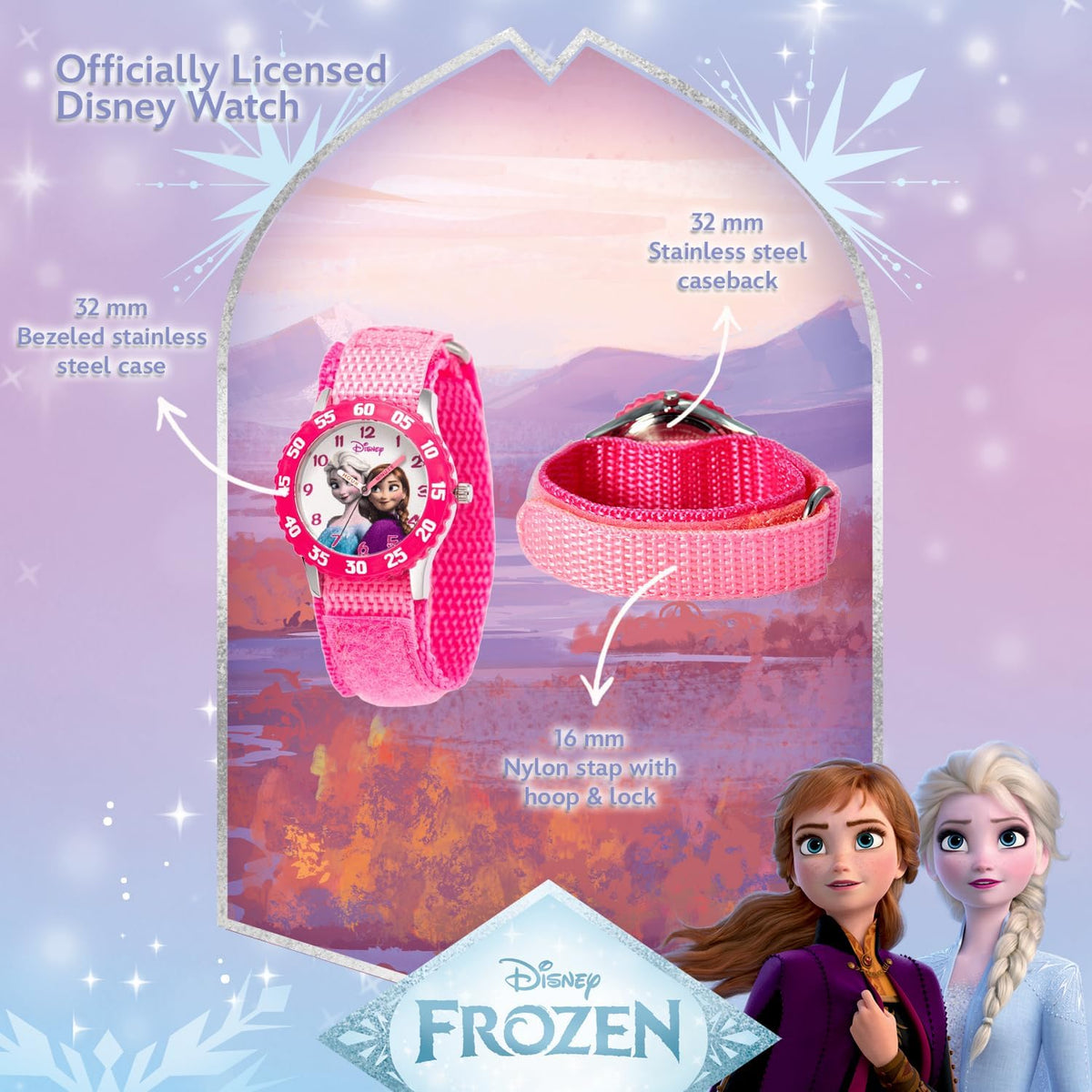 Disney Frozen - Reloj analógico Time Teacher para niños con bisel de acero inoxidable y correa de nailon