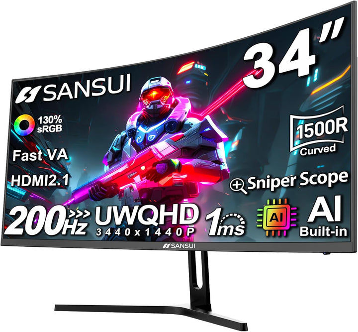 SANSUI Monitor curvo para juegos de 34 pulgadas UWQHD 3440 x 1440P...