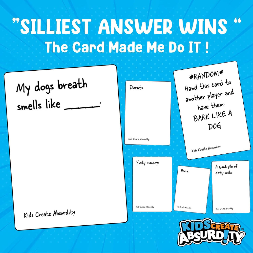 Kids Create Absurdity - Juego de cartas divertido para niños, juego familiar, risa hasta que llores, un divertido juego de cartas para rellenar el espacio en blanco para edades de 6 a 12 años