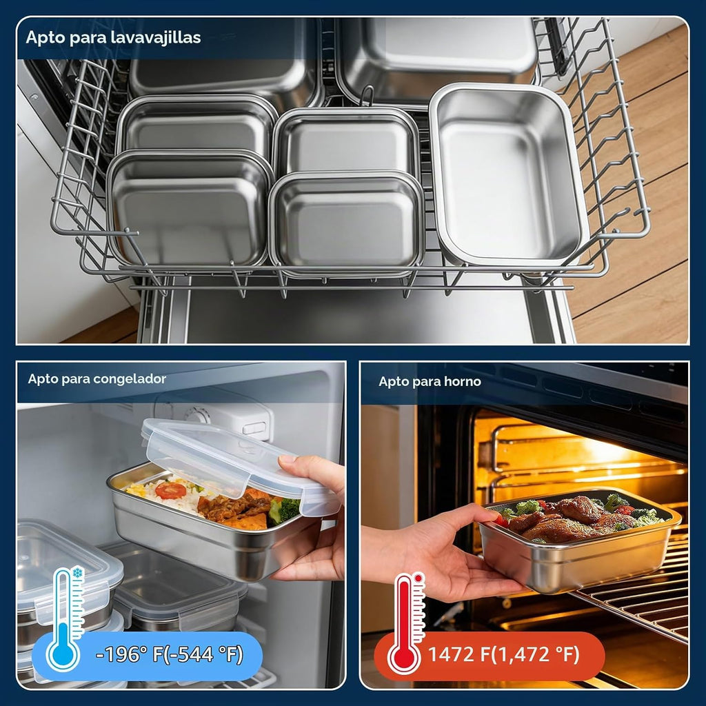 10 recipientes de almacenamiento de alimentos de acero inoxidable 304 con tapas herméticas a prueba de fugas, lonchera Bento apilable para preparación de comidas, recipientes de metal reutilizables