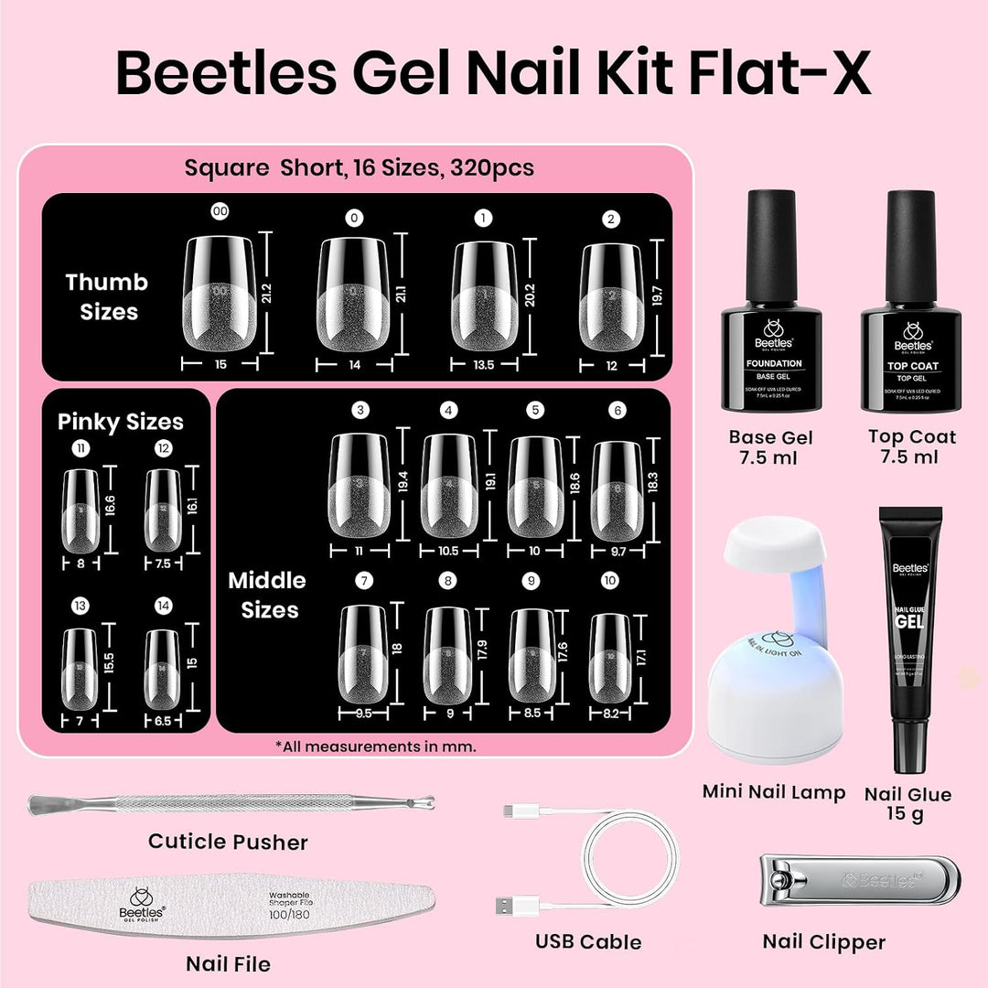 Kit de uñas de gel Beetles Flat-X, puntas cuadradas cortas, 320 pie...