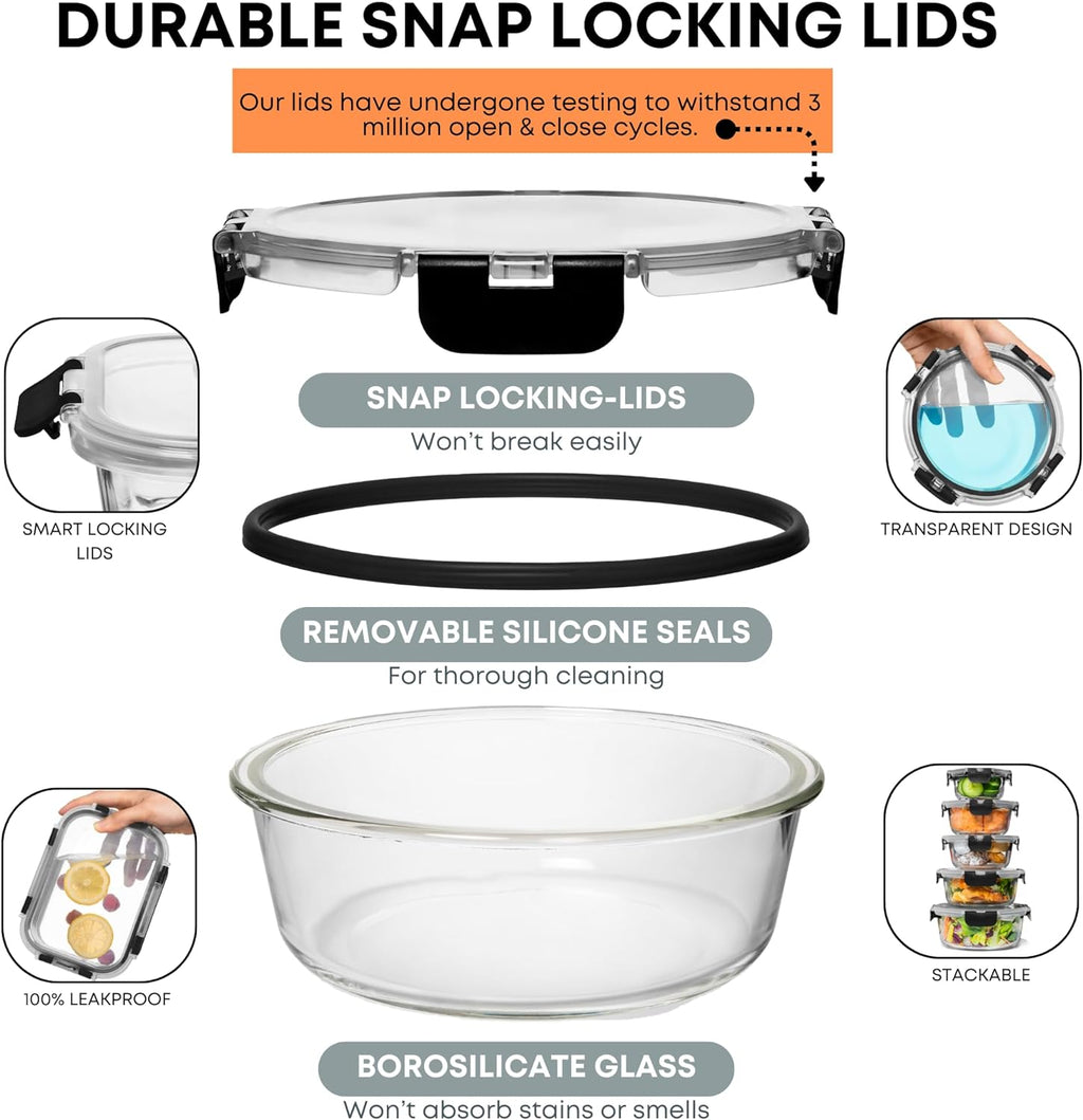 Razab 30 unidades de recipientes de vidrio para almacenamiento de alimentos con tapas - Recipientes reutilizables de vidrio para preparación de comidas para almuerzo y sobras - Tapas herméticas y a