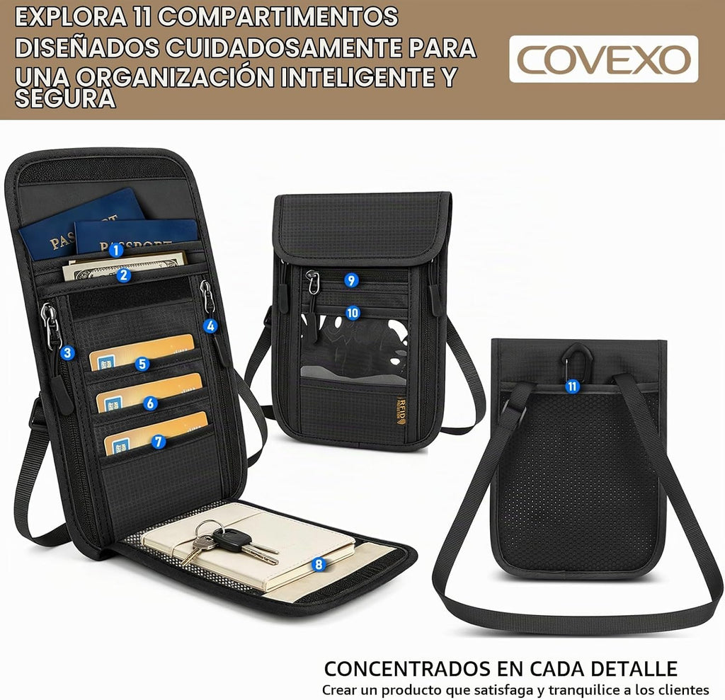 Cartera de cuello con bloqueo RFID, bolsa oculta para pasaporte de viaje, oculta debajo de la ropa, seguridad antirrobo, ajustable y ligera para vacaciones, aeropuertos, Negro, Bolsa de cuello